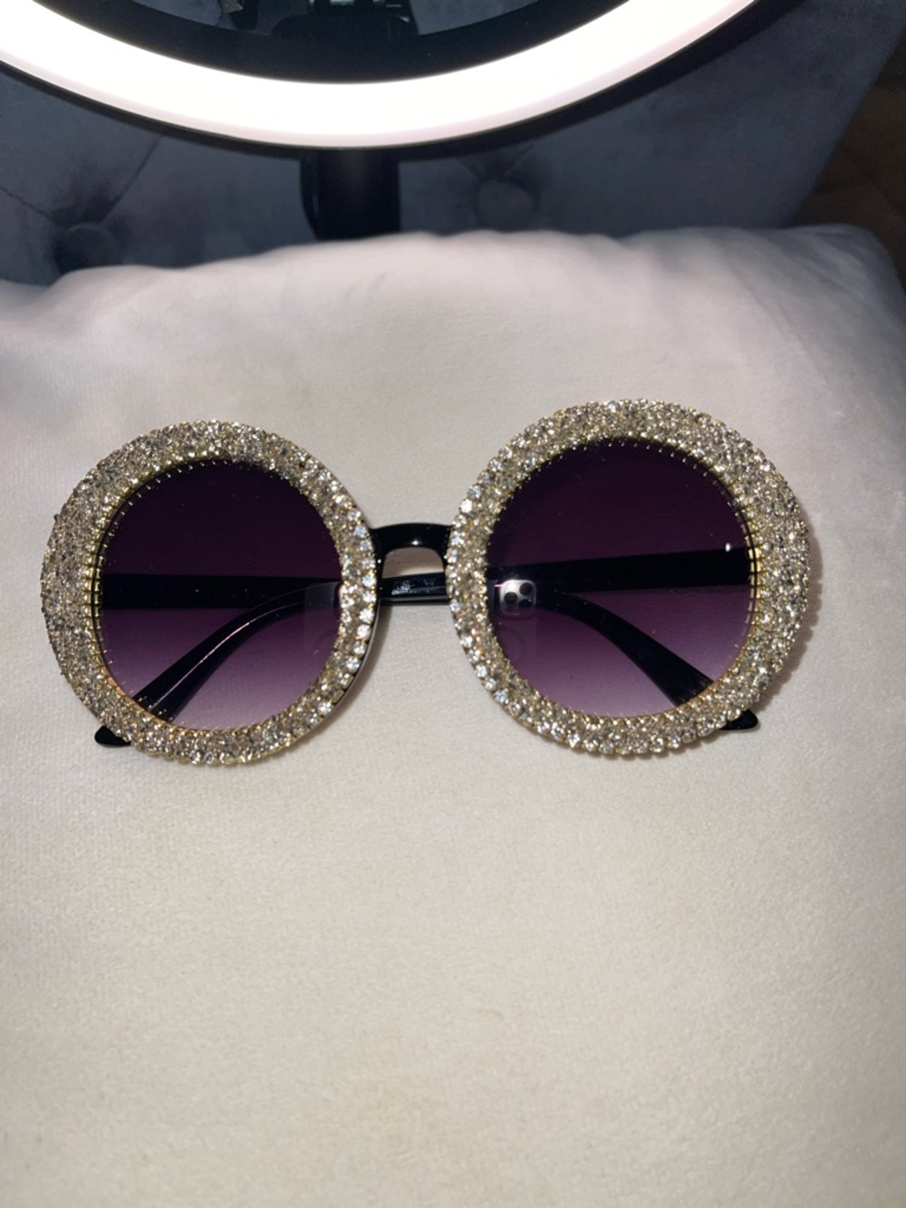 Round Crystal-Embellished Sunglasses - Purple Lenses